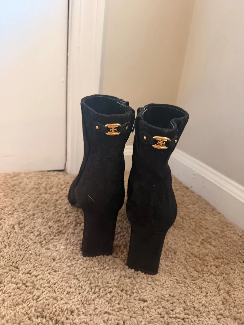 Sam Edelman Black Suede Pointed Ankle Booties with Block Heel